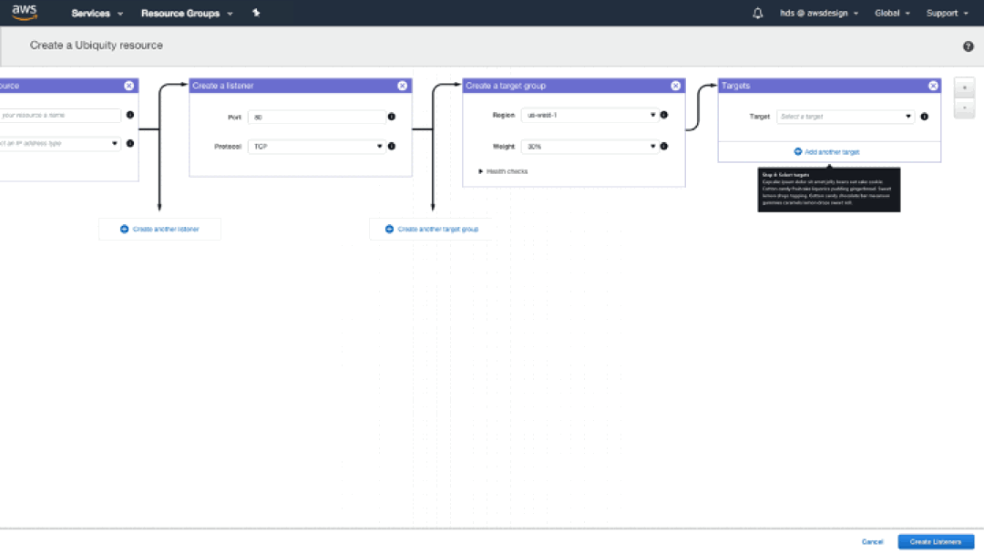 Global Accelerator visual editor canvas with connected configuration cards